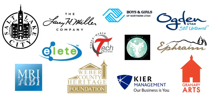 Logos of companies and cities that have hired Rhonda Lauritzen including: Salt Lake City, the Larry H. Miller Company, Boys and Girls Club of Northern Utah, Ogden City, Elete, Ogden-Weber Technical College, IO LandArch, Ephraim City, Mineral Resources International, Weber Heritage Foundation, Kier Corporation, and Granary Arts